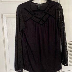 August Silk Black Blouse with Mesh PolkaDot Sleeves